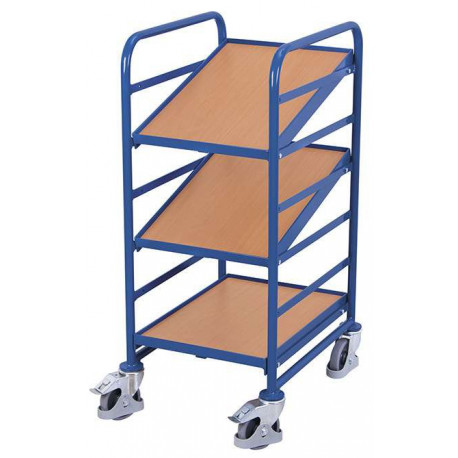 Chariot porte-bacs norme européenne avec 3 bacs plateaux en bois Chariot porte-bacs norme européenne avec 3 bacs plateaux en bois