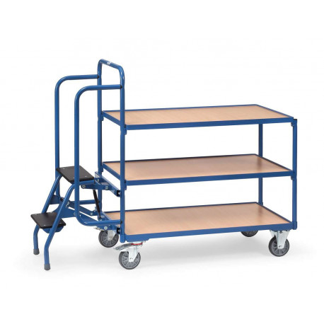 Chariot préparateur de commandes à 3 étages et un marchepied Chariot préparateur de commandes à 3 étages et un marchepied